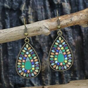 Green Retro Color‎ Block Alloy Turquoise Hook Geometric Drop Earrings Boho Artsy